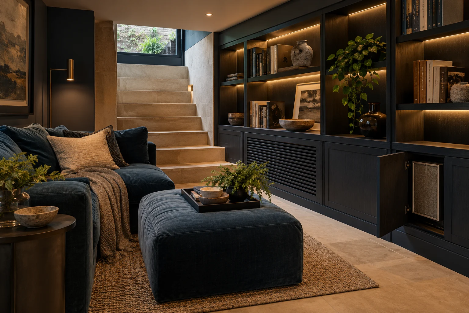 Illustrative basement reading lounge detail with integrated cabinetry, lighting and ventilation