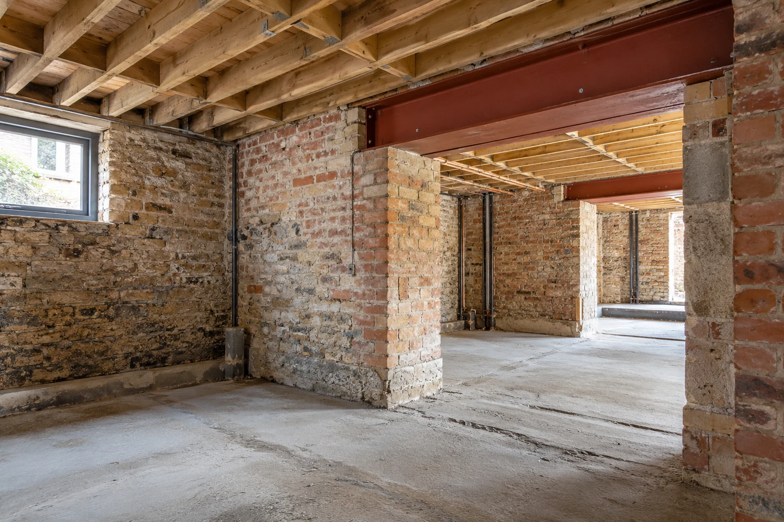 Illustrative brick basement structural preparation with a supported steel beam