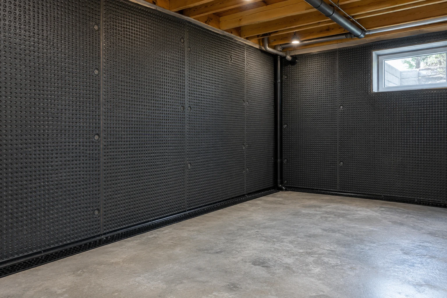 Illustrative basement cavity-drain membrane and perimeter drainage detail