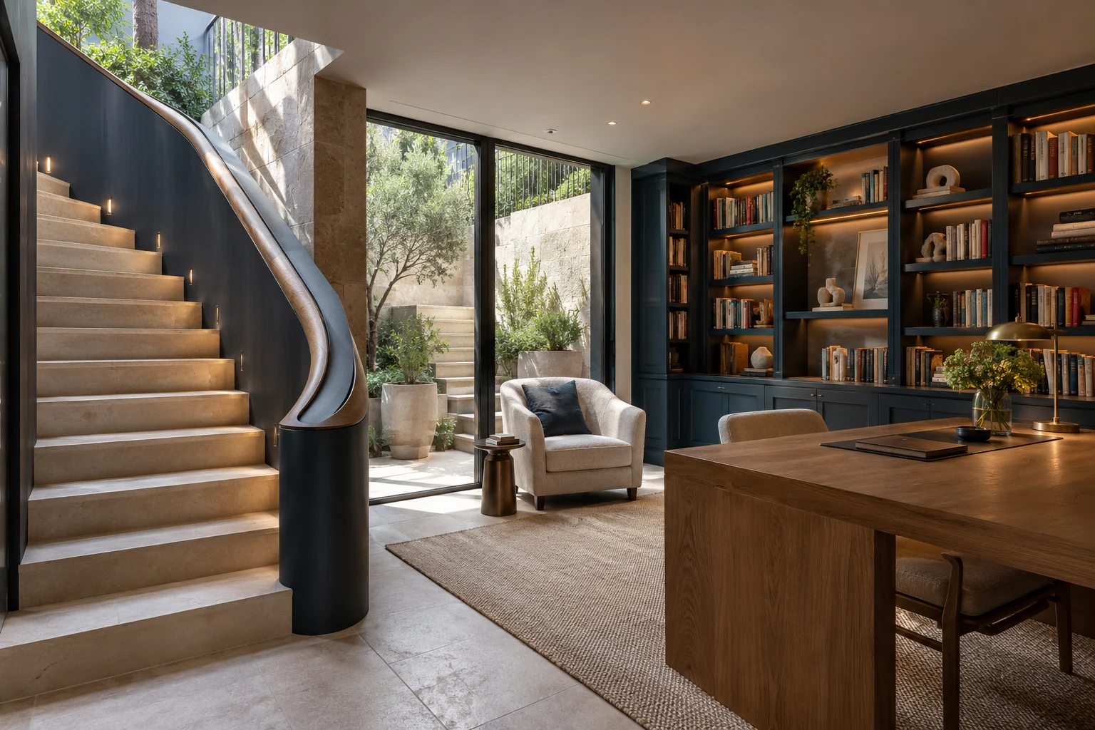 Illustrative basement interior with a stair and sunken lightwell in limestone, oak and deep blue
