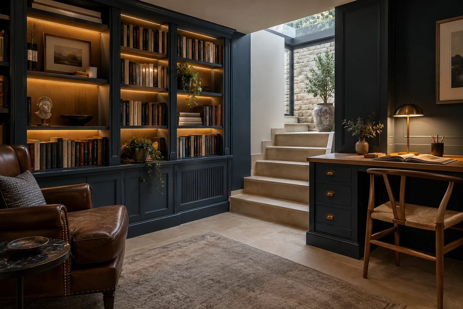 Illustrative basement library and study detail with integrated cabinetry, lighting and ventilation