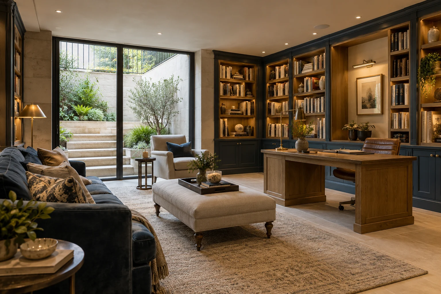 Illustrative basement library and study in limestone, oak and deep blue