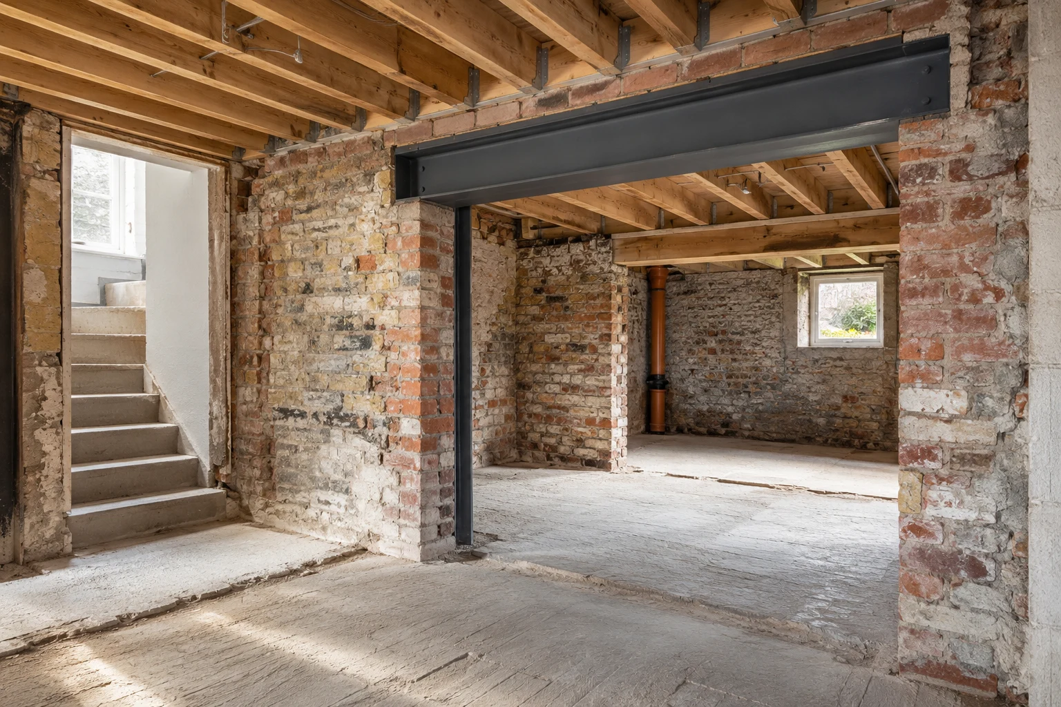 Illustrative brick basement structural preparation with a supported steel beam