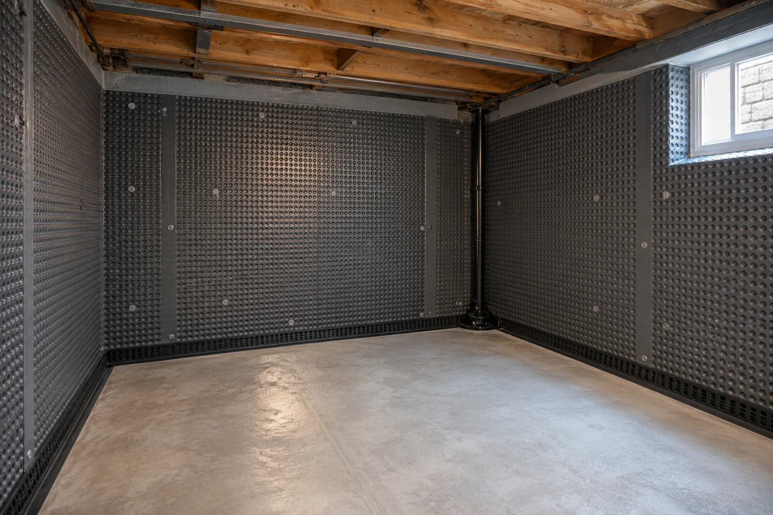Illustrative basement cavity-drain membrane and perimeter drainage detail