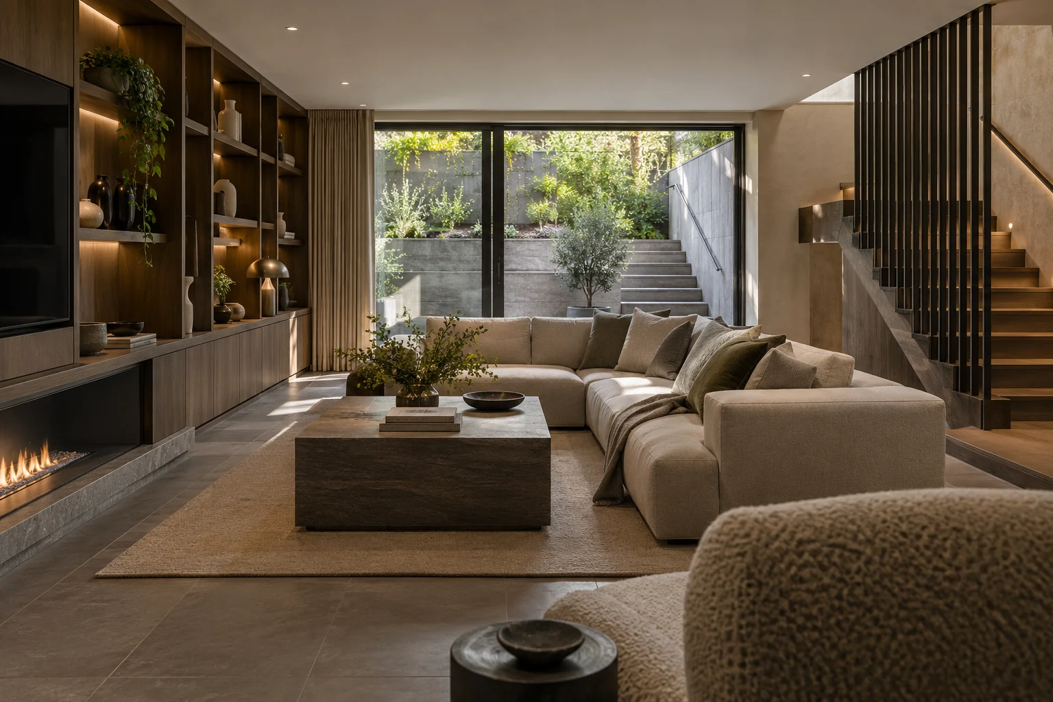 Illustrative basement interior with a stair and sunken lightwell in tobacco oak, warm white and slate