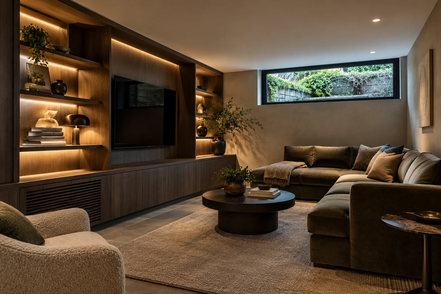 Illustrative basement living room with fitted storage detail with integrated cabinetry, lighting and ventilation