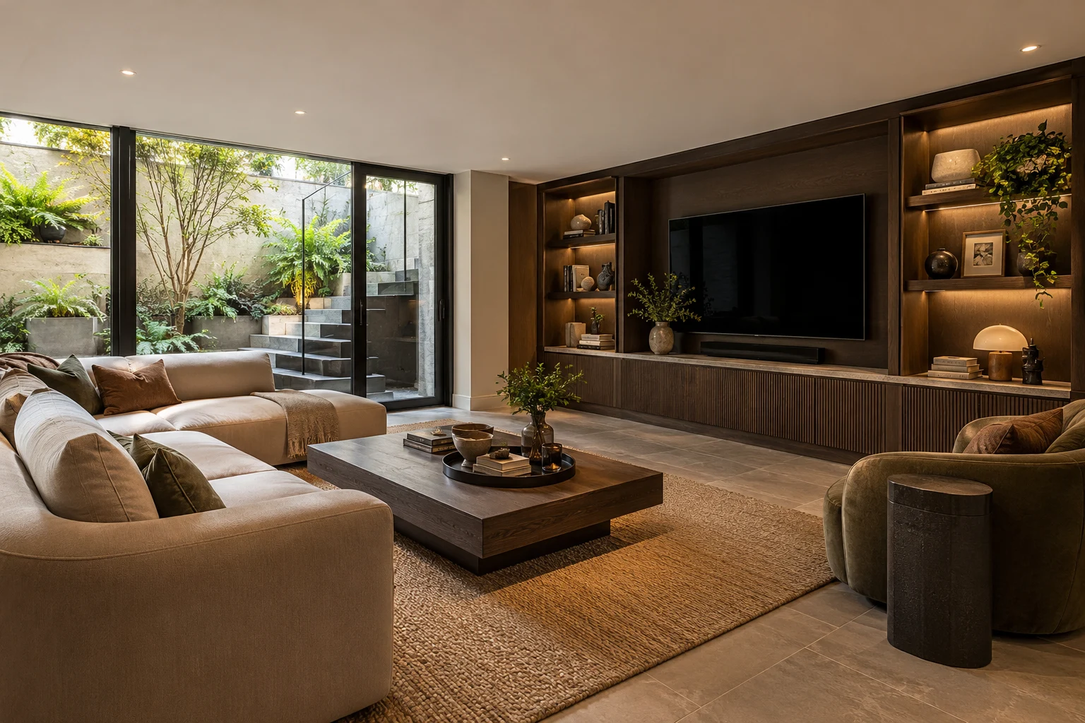 Illustrative basement living room with fitted storage in tobacco oak, warm white and slate