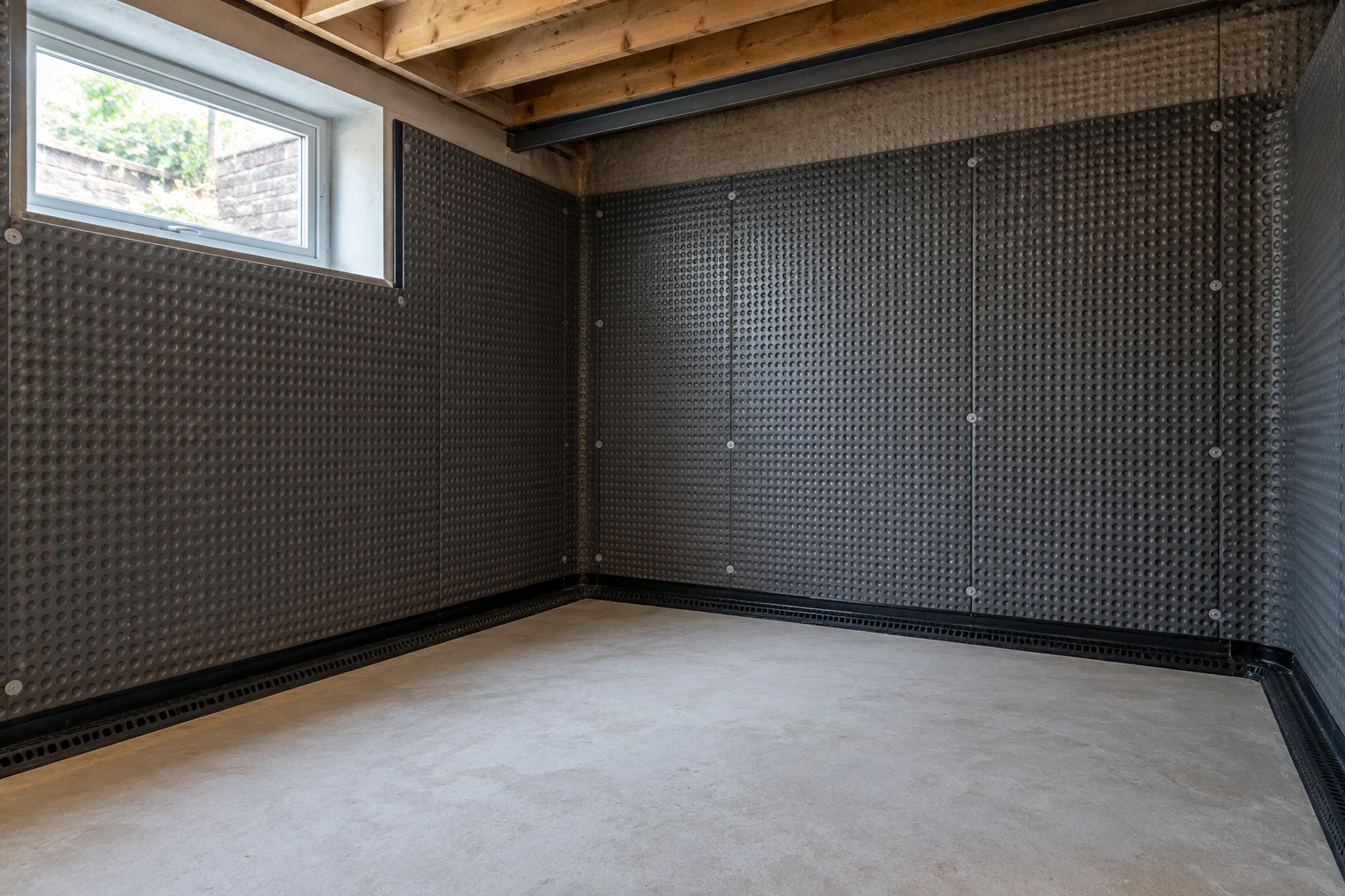 Illustrative basement cavity-drain membrane and perimeter drainage detail