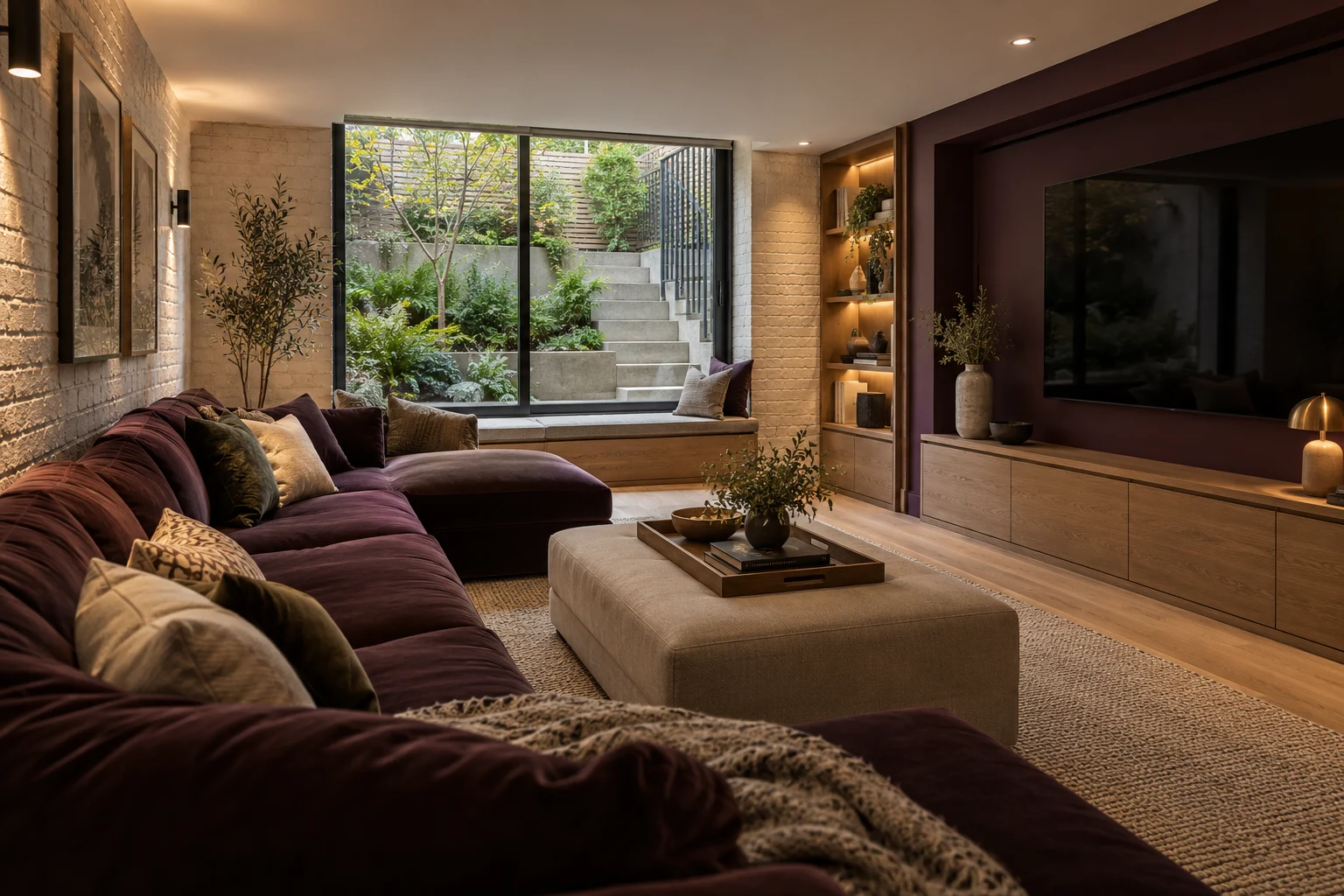 Illustrative basement cinema snug in white brick, oak and deep plum