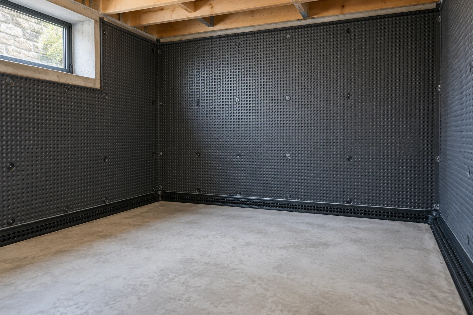 Illustrative basement cavity-drain membrane and perimeter drainage detail