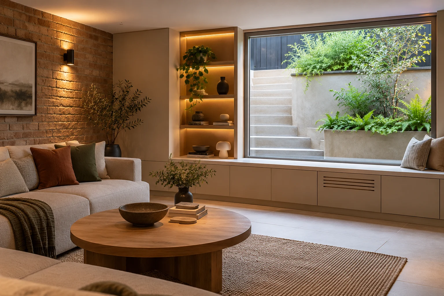 Illustrative basement garden-facing living room detail with integrated cabinetry, lighting and ventilation