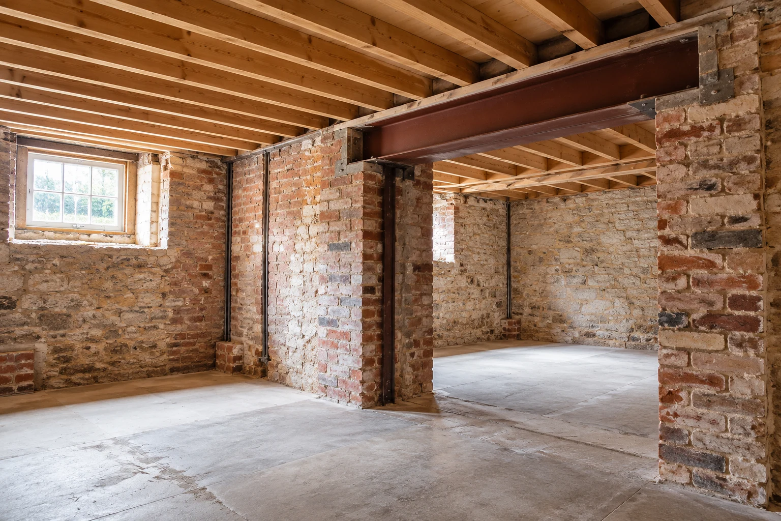 Illustrative brick basement structural preparation with a supported steel beam