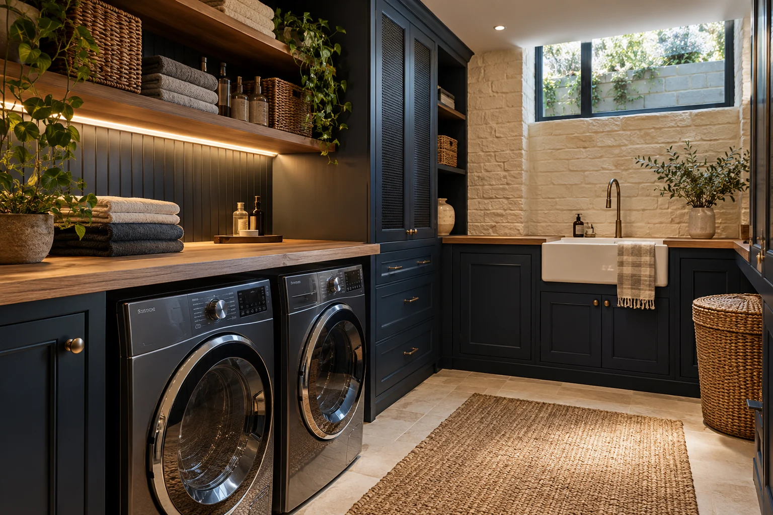 Illustrative basement laundry and utility room detail with integrated cabinetry, lighting and ventilation
