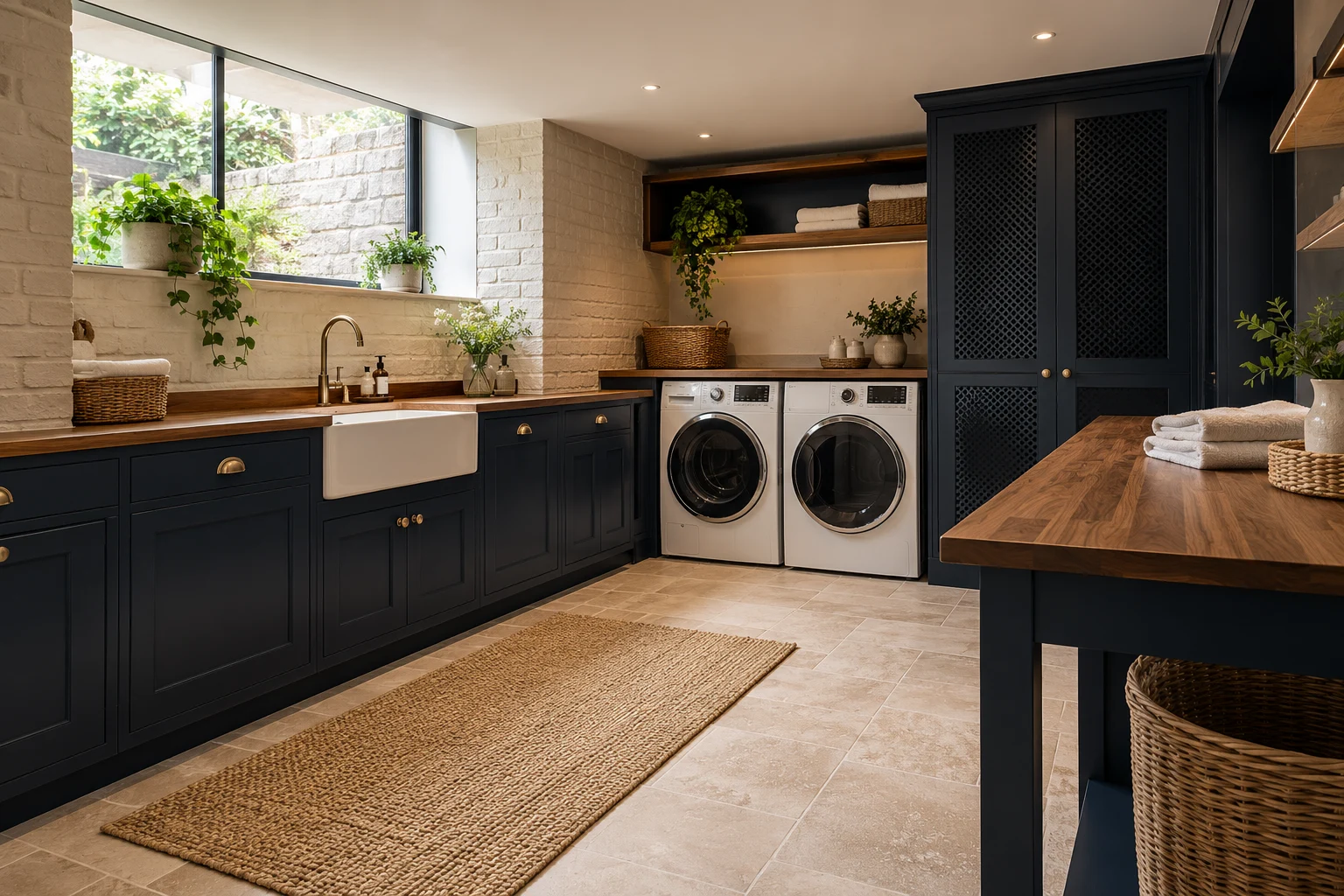 Illustrative basement laundry and utility room in cream brick, walnut and navy