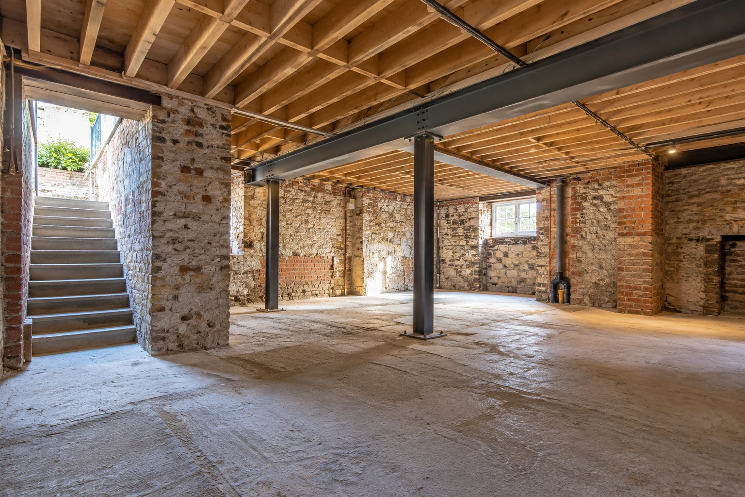 Illustrative brick basement structural preparation with a supported steel beam