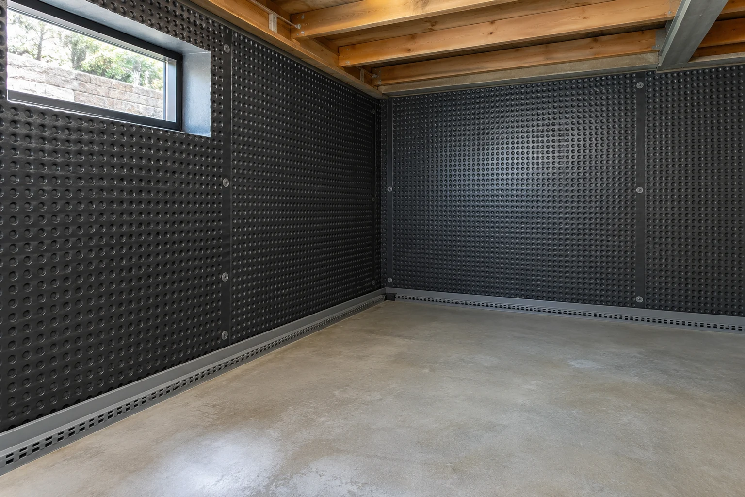 Illustrative basement cavity-drain membrane and perimeter drainage detail