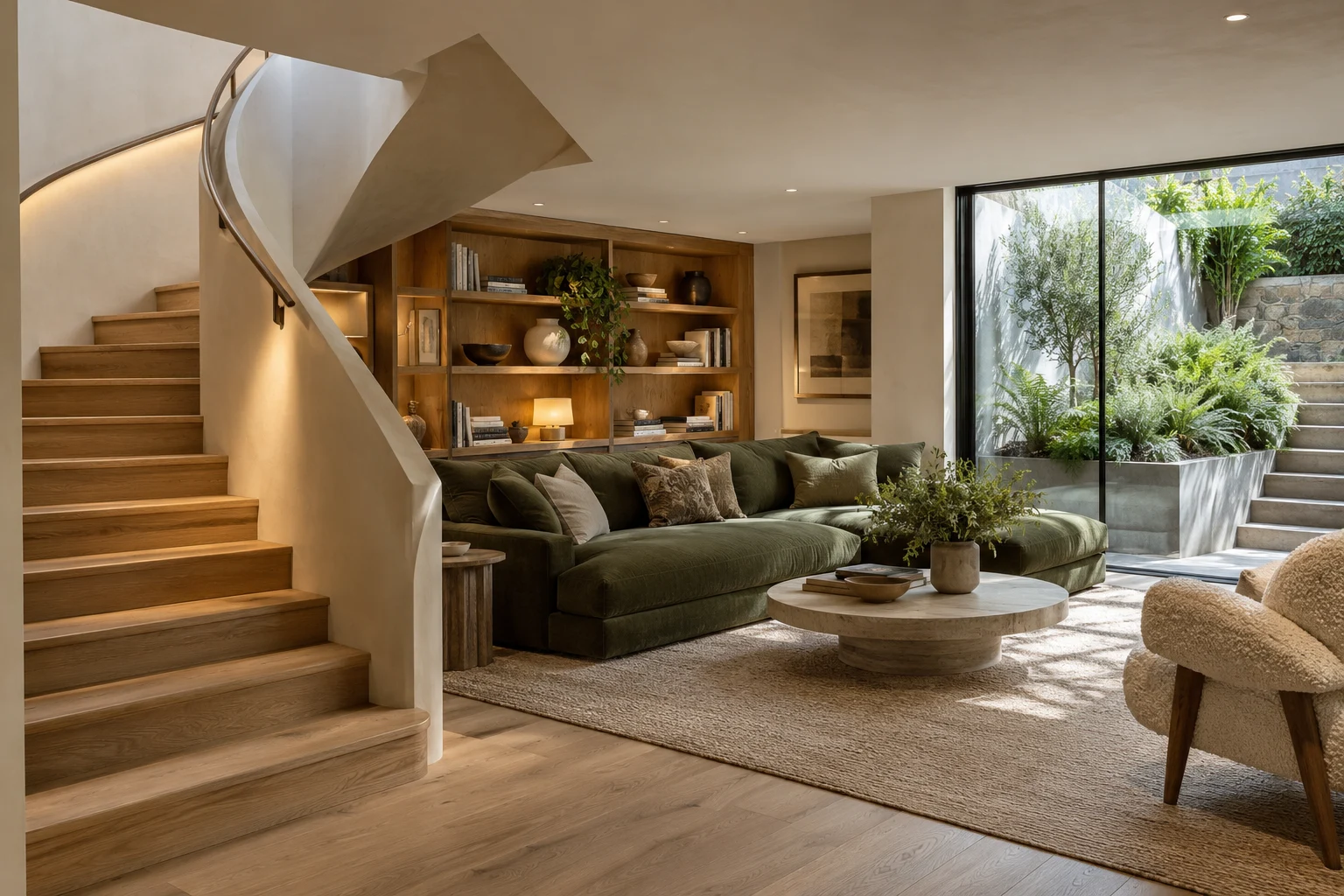 Illustrative basement interior with a stair and sunken lightwell in white plaster, caramel oak and green