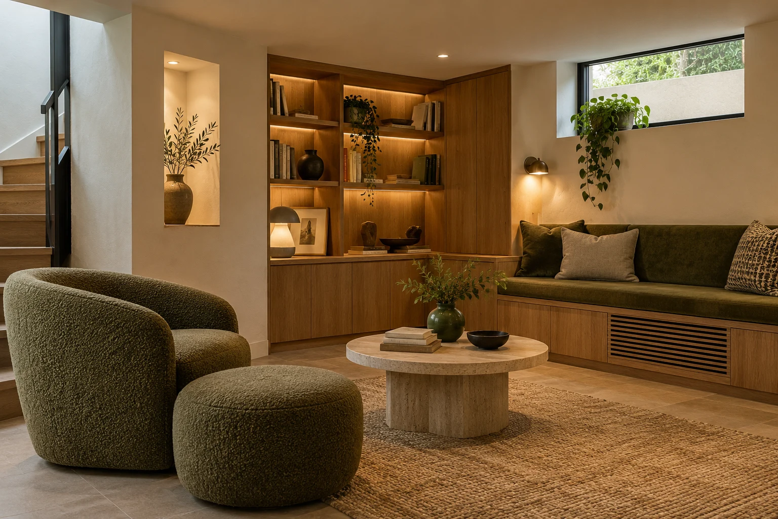 Illustrative basement reading lounge detail with integrated cabinetry, lighting and ventilation