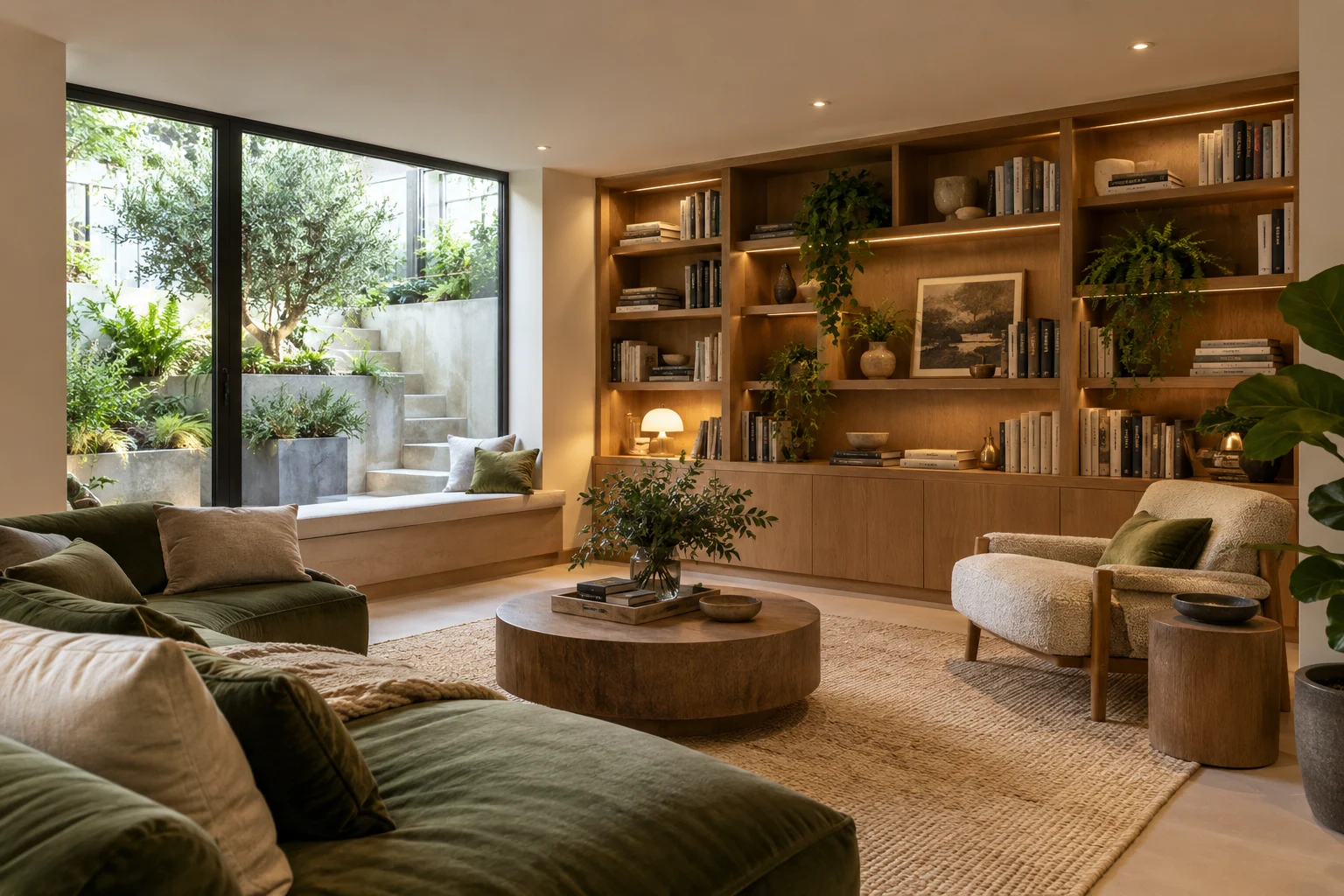 Illustrative basement reading lounge in white plaster, caramel oak and green