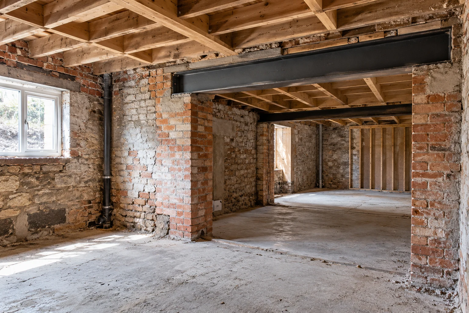 Illustrative brick basement structural preparation with a supported steel beam
