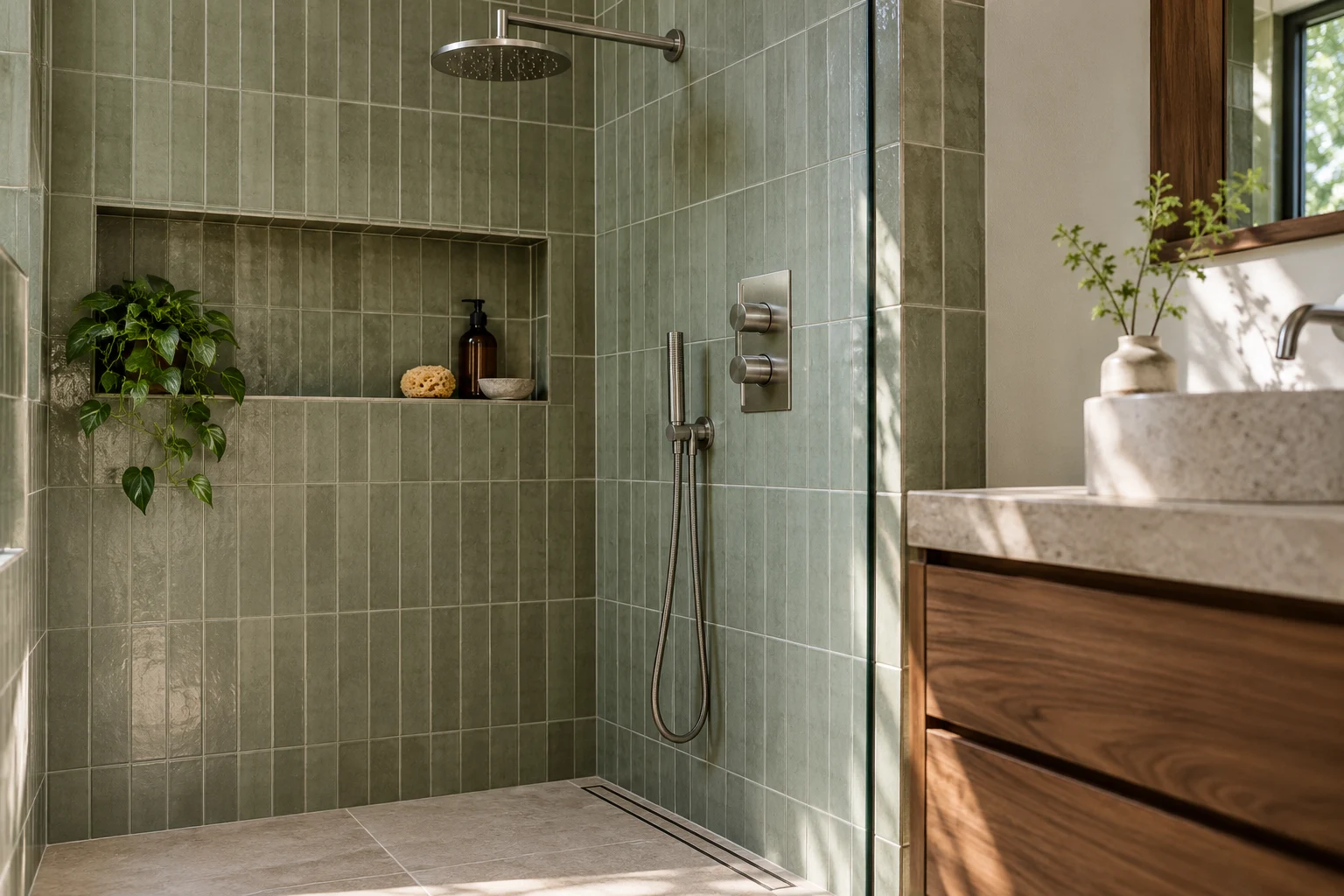 Illustrative finished tile and fitting details in sage tiles and natural walnut