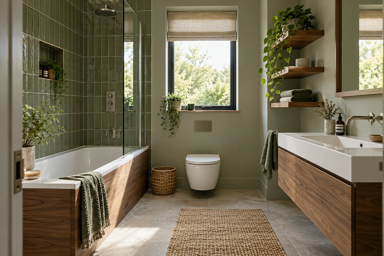 Illustrative bathroom interior with sage tiles and natural walnut