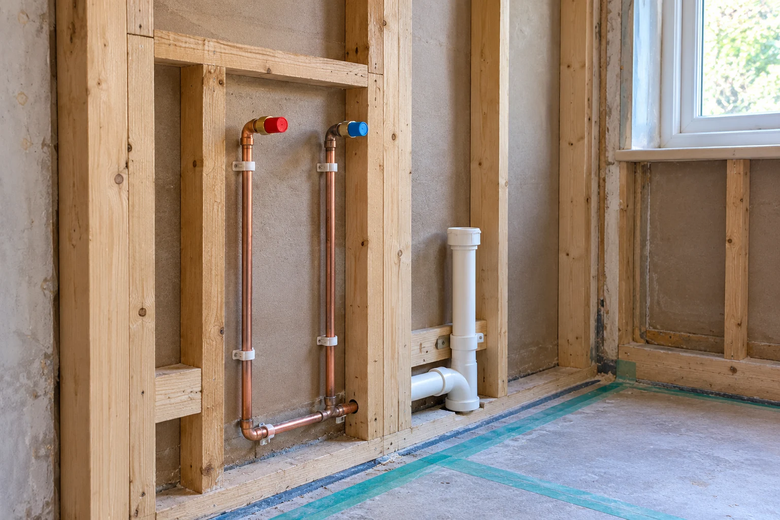 Illustrative copper supply pipes and a waste connection within an opened bathroom wall