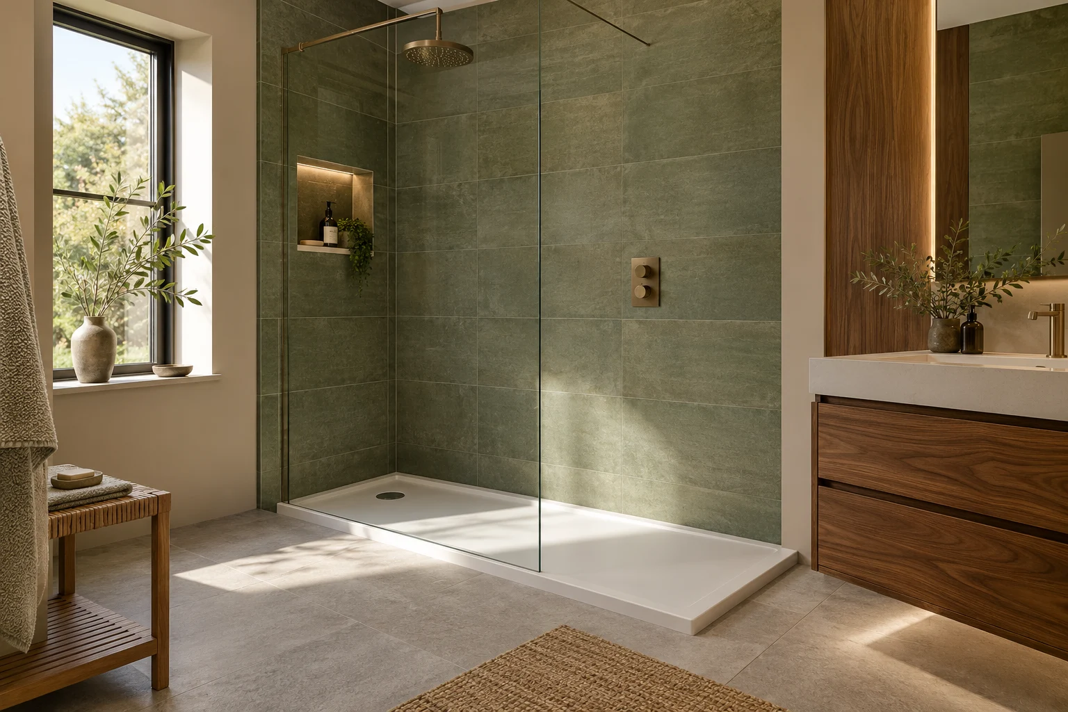 Illustrative glass-screened shower room with sage tiles and natural walnut
