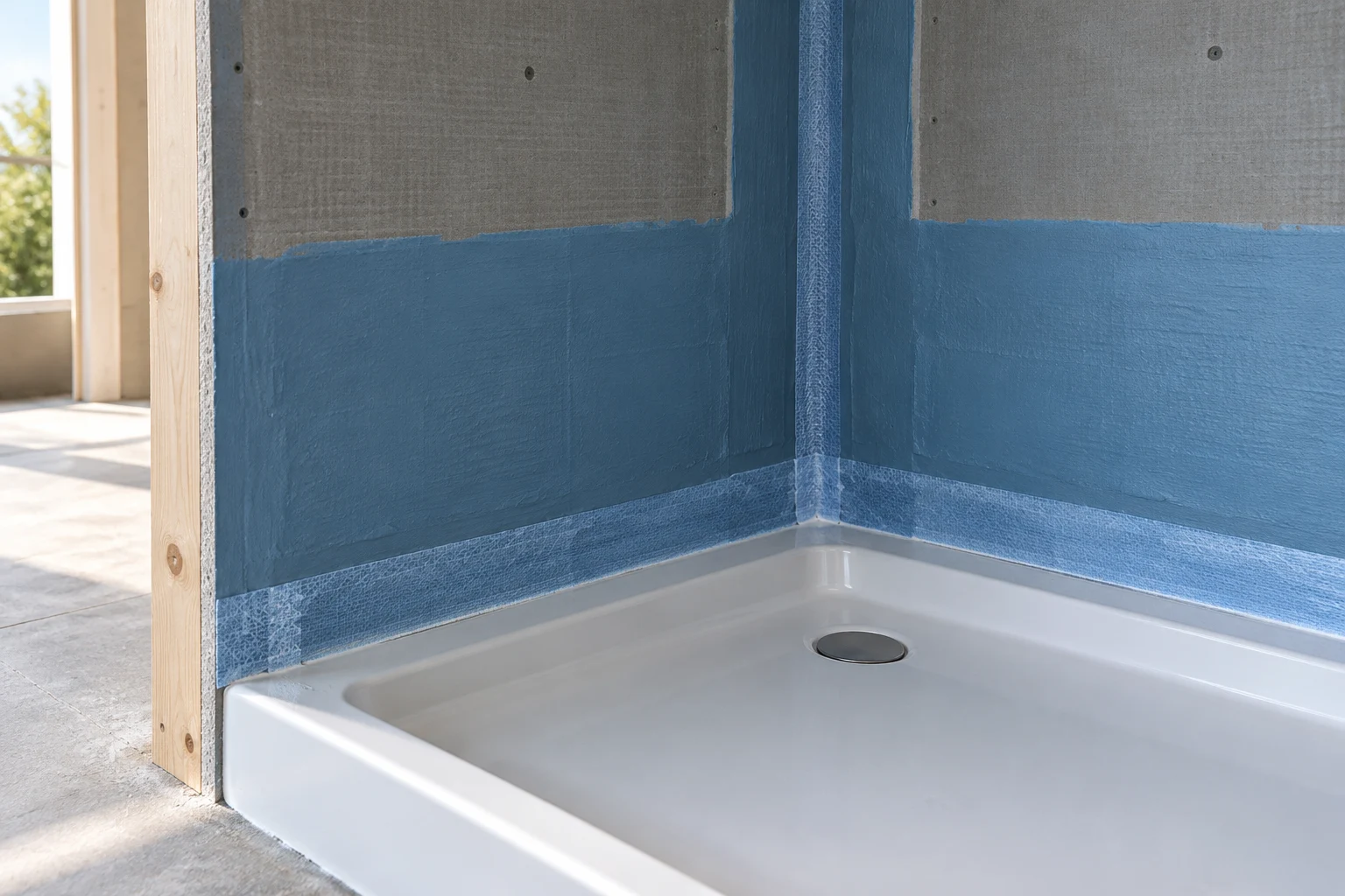 Illustrative waterproof coating and sealed shower tray junction before tiling