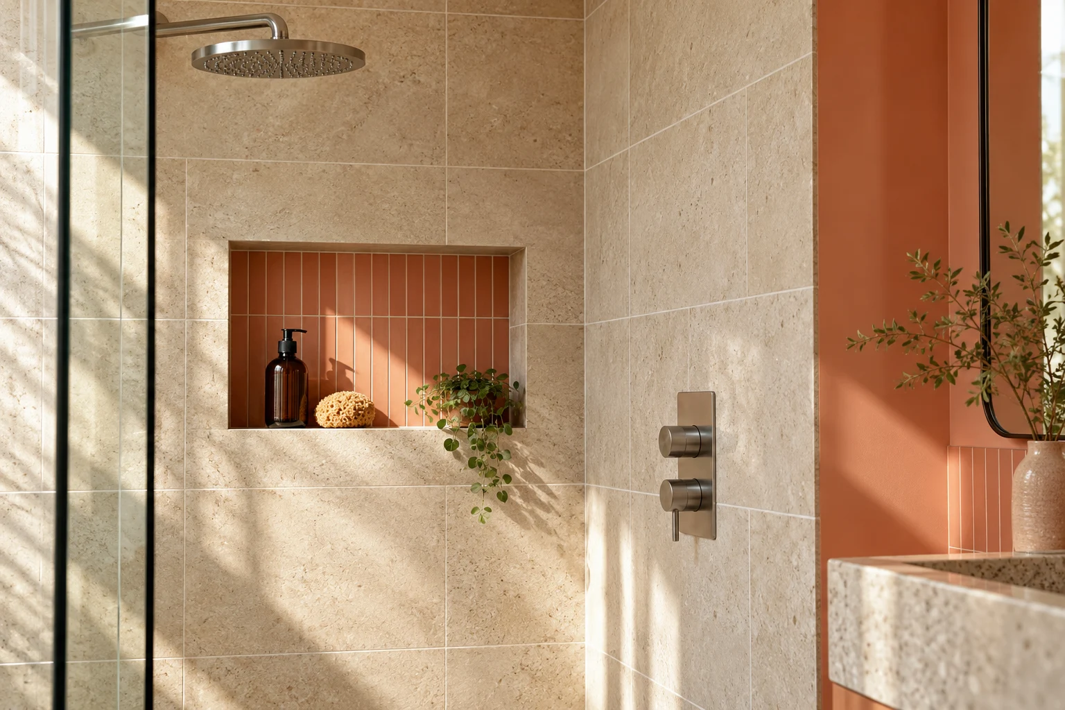 Illustrative finished tile and fitting details in sand coloured tiles and muted coral accents