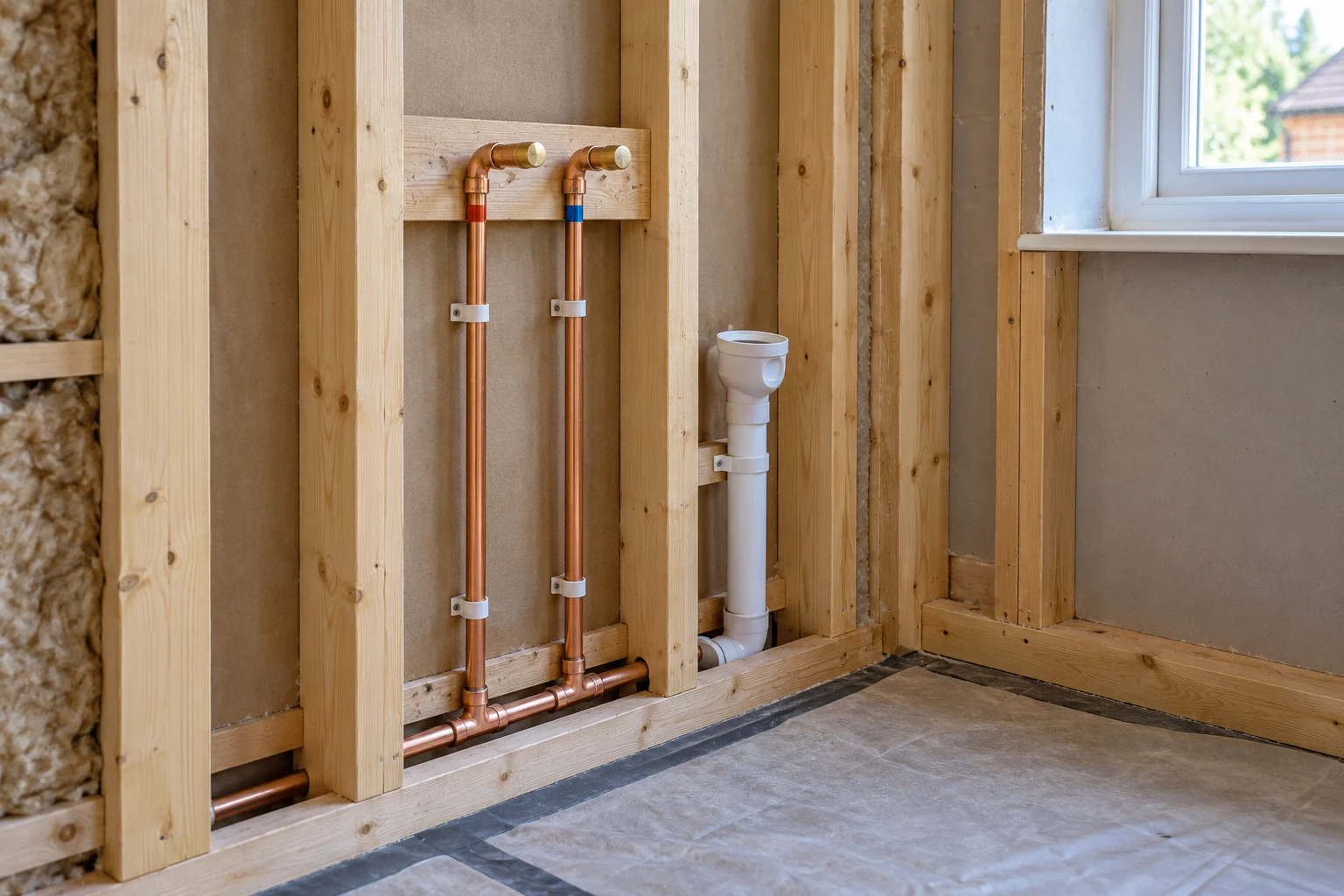Illustrative copper supply pipes and a waste connection within an opened bathroom wall