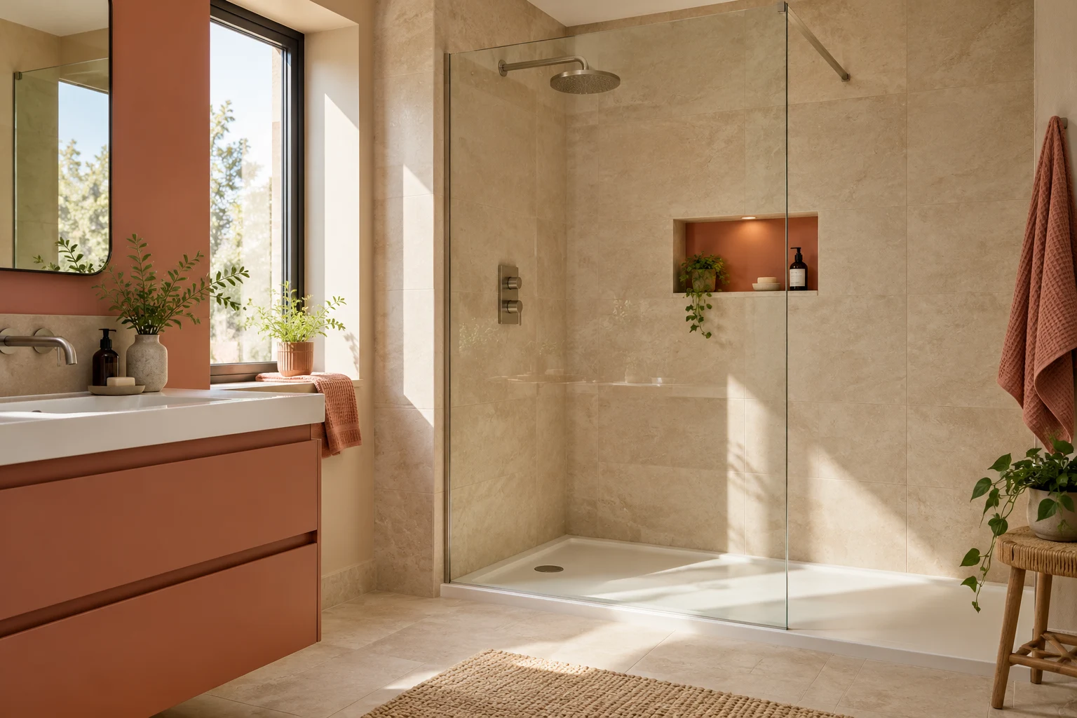 Illustrative glass-screened shower room with sand coloured tiles and muted coral accents