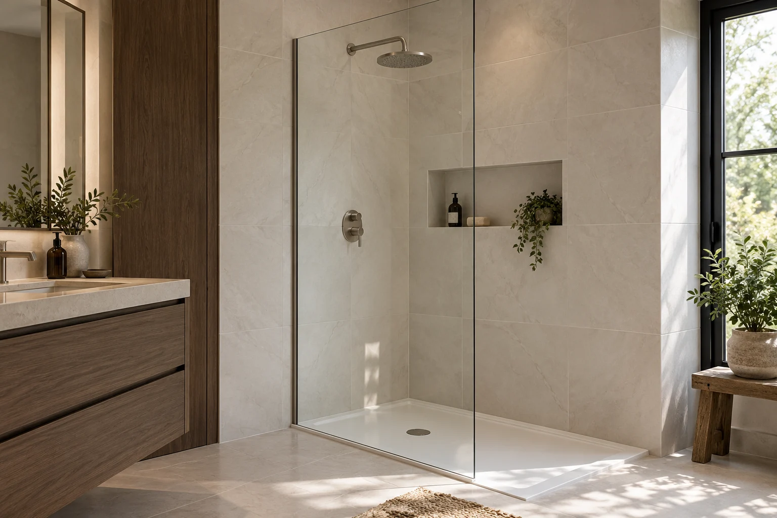 Illustrative glass-screened shower room with warm white large porcelain tiles and smoked oak