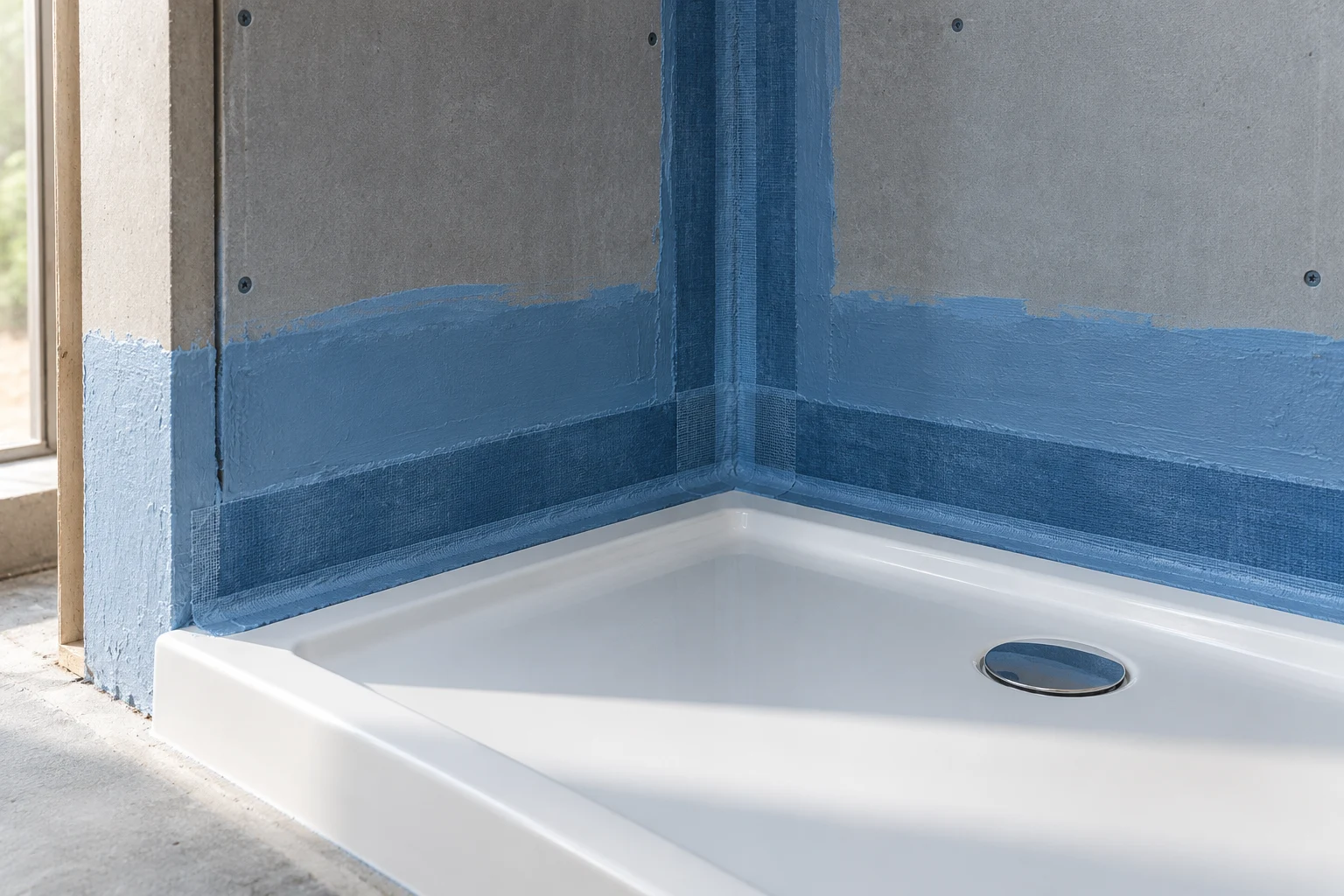 Illustrative waterproof coating and sealed shower tray junction before tiling