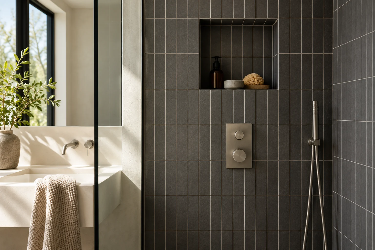 Illustrative finished tile and fitting details in charcoal small-format tiles and warm white plaster