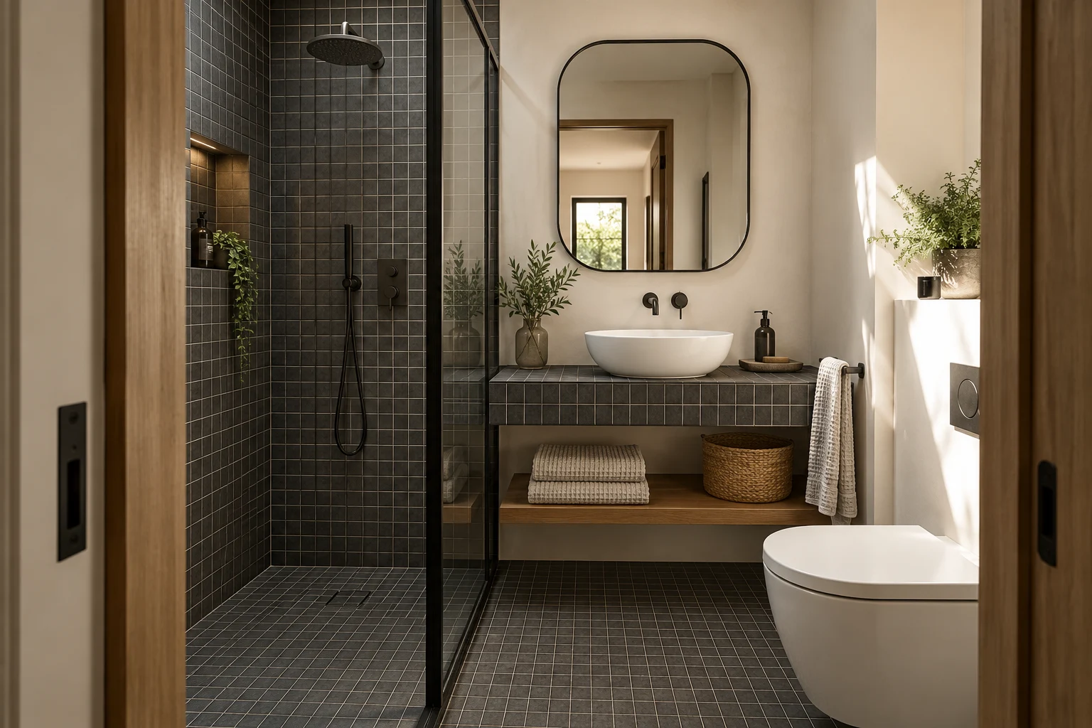 Illustrative bathroom interior with charcoal small-format tiles and warm white plaster