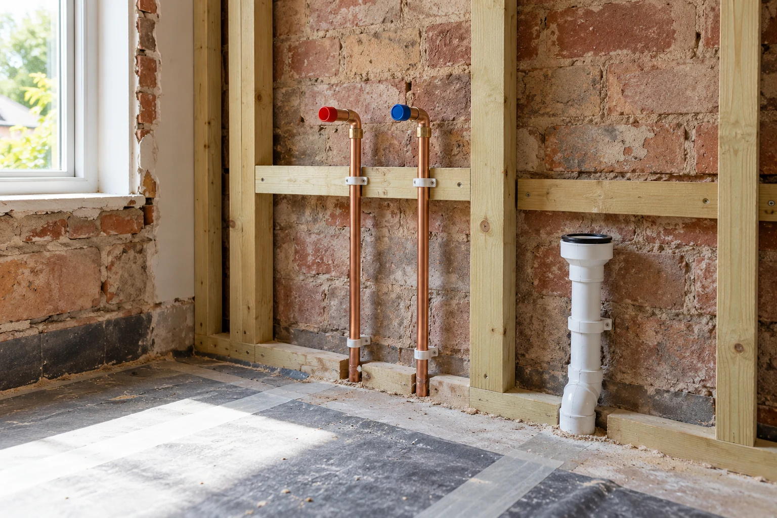 Illustrative copper supply pipes and a waste connection within an opened bathroom wall