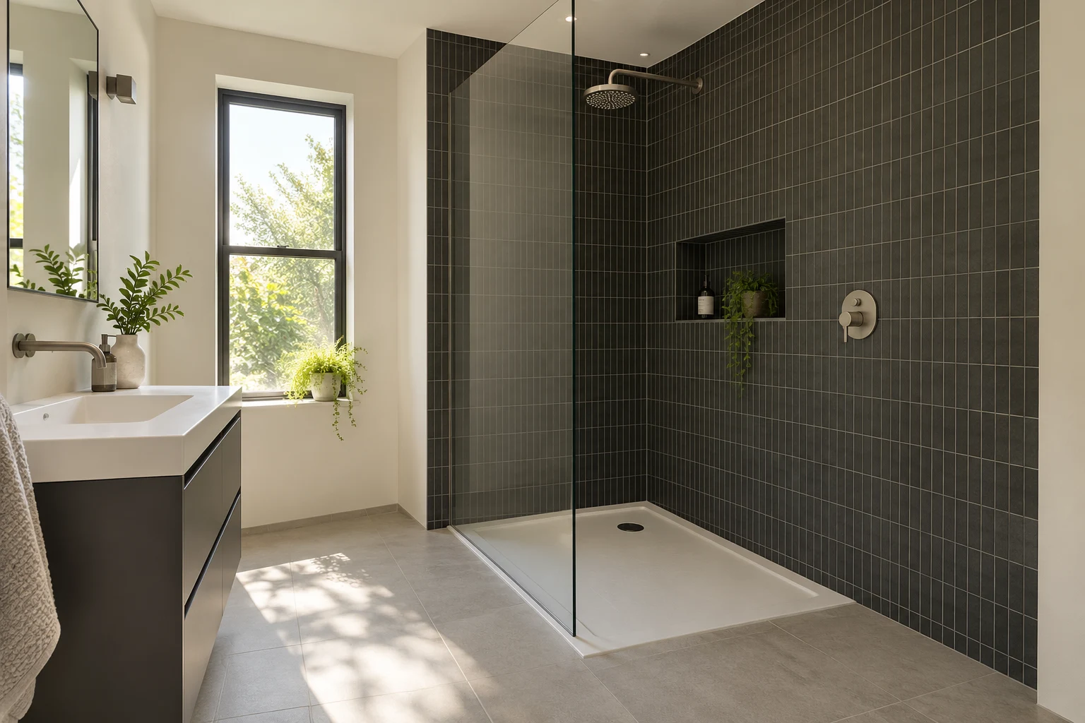 Illustrative glass-screened shower room with charcoal small-format tiles and warm white plaster
