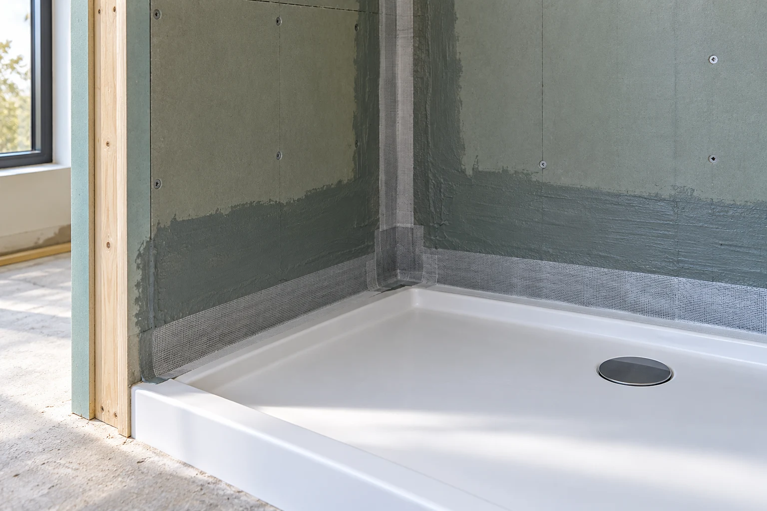 Illustrative waterproof coating and sealed shower tray junction before tiling