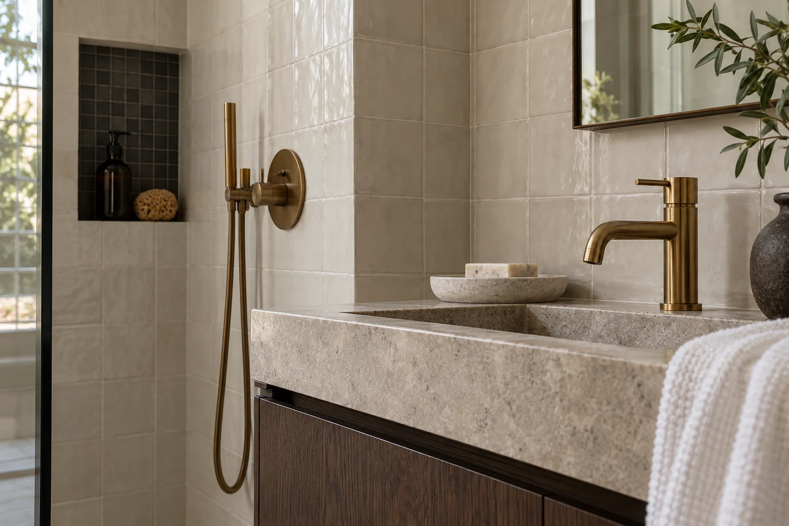 Illustrative stone basin, joinery and tiled bathroom finishes. Illustration, not a Right Build Group project photograph.
