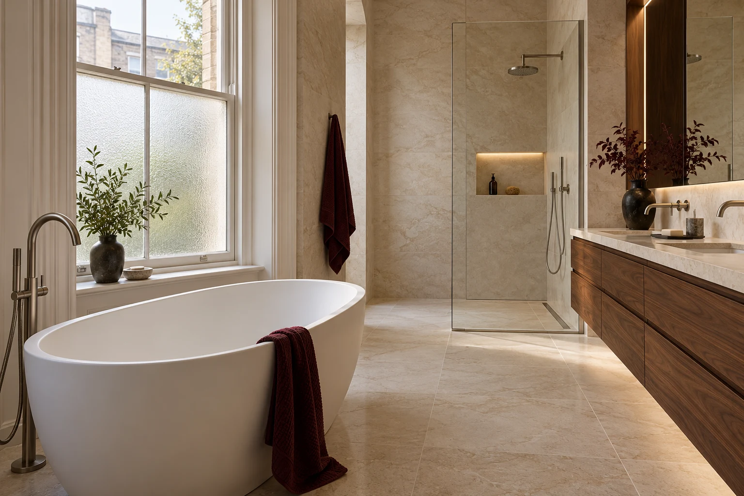 Illustrative bathroom with a bath, walnut vanity and separate shower. Illustration, not a Right Build Group project photograph.