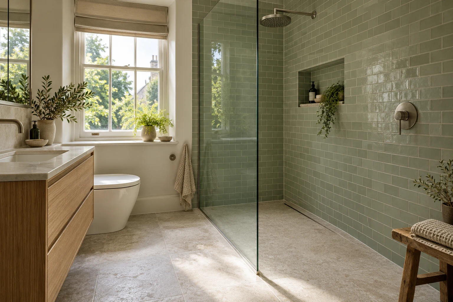 Illustrative tiled shower enclosure and bathroom storage. Illustration, not a Right Build Group project photograph.