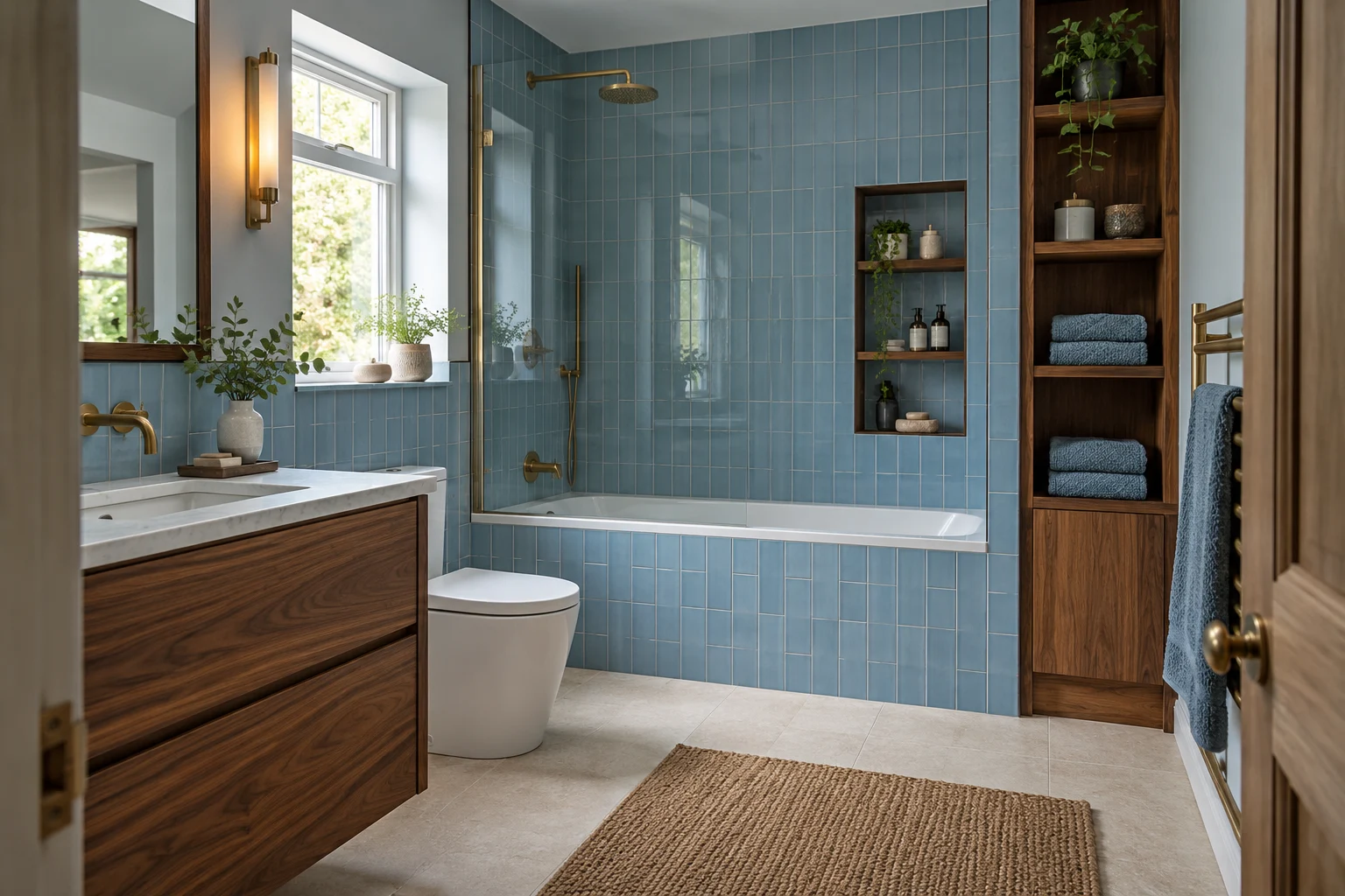 Illustrative bathroom interior with soft blue ceramic tiles and natural walnut