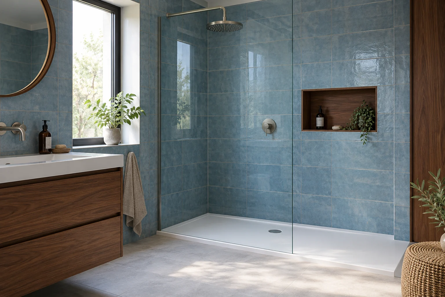 Illustrative glass-screened shower room with soft blue ceramic tiles and natural walnut