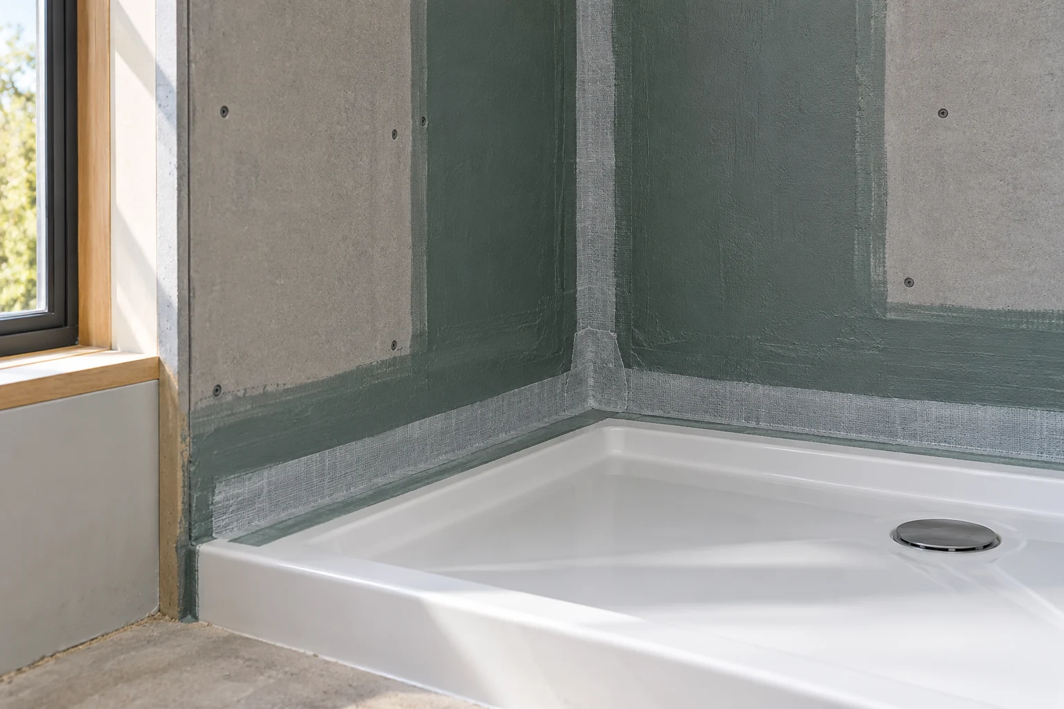 Illustrative waterproof coating and sealed shower tray junction before tiling