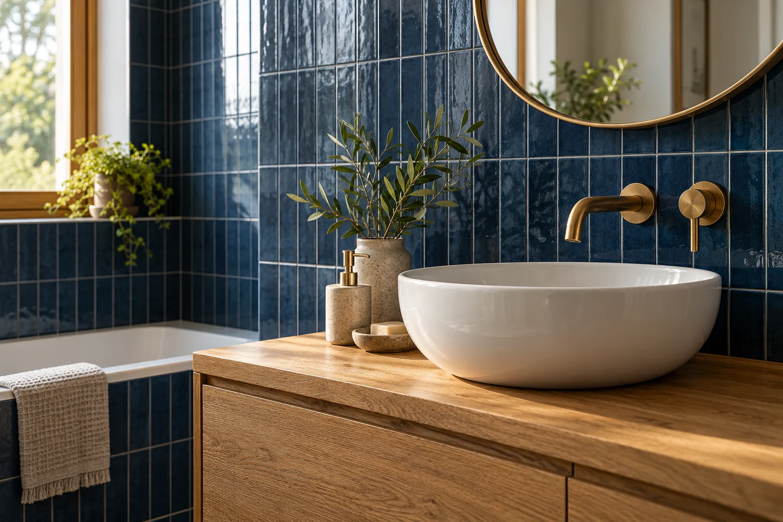Illustrative finished tile and fitting details in inky blue tiles and golden oak