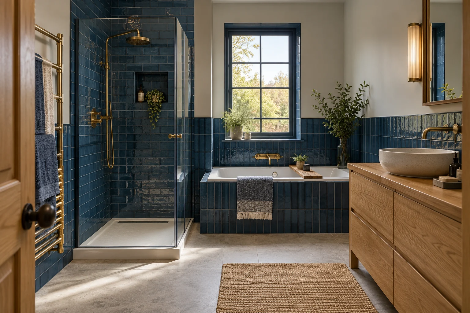 Illustrative bathroom interior with inky blue tiles and golden oak
