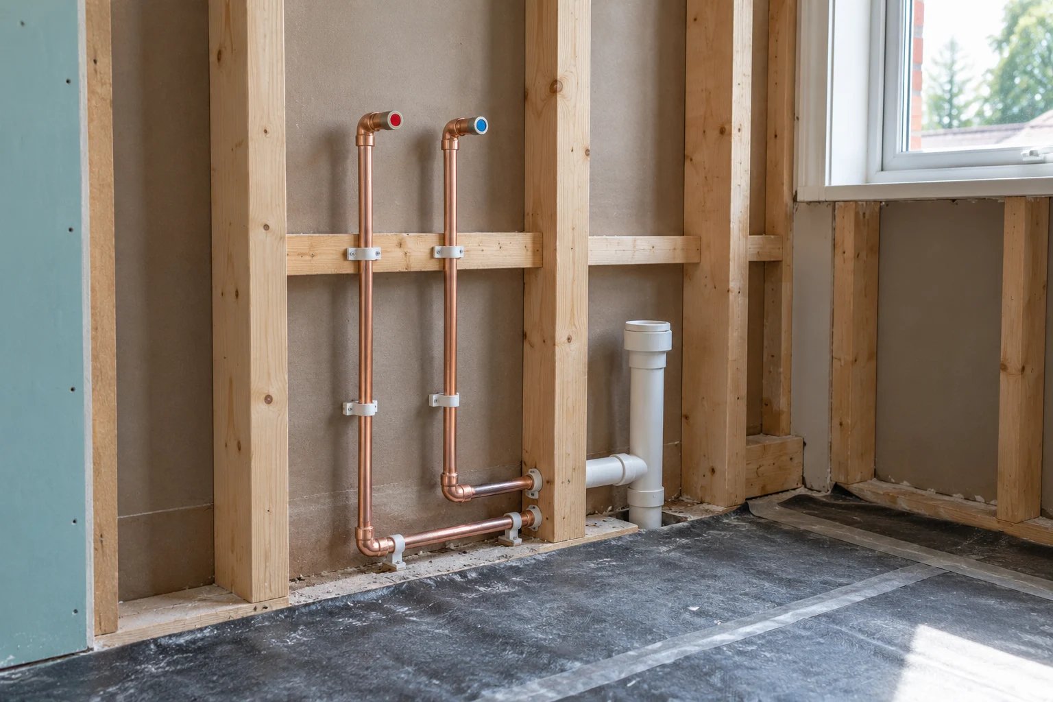 Illustrative copper supply pipes and a waste connection within an opened bathroom wall