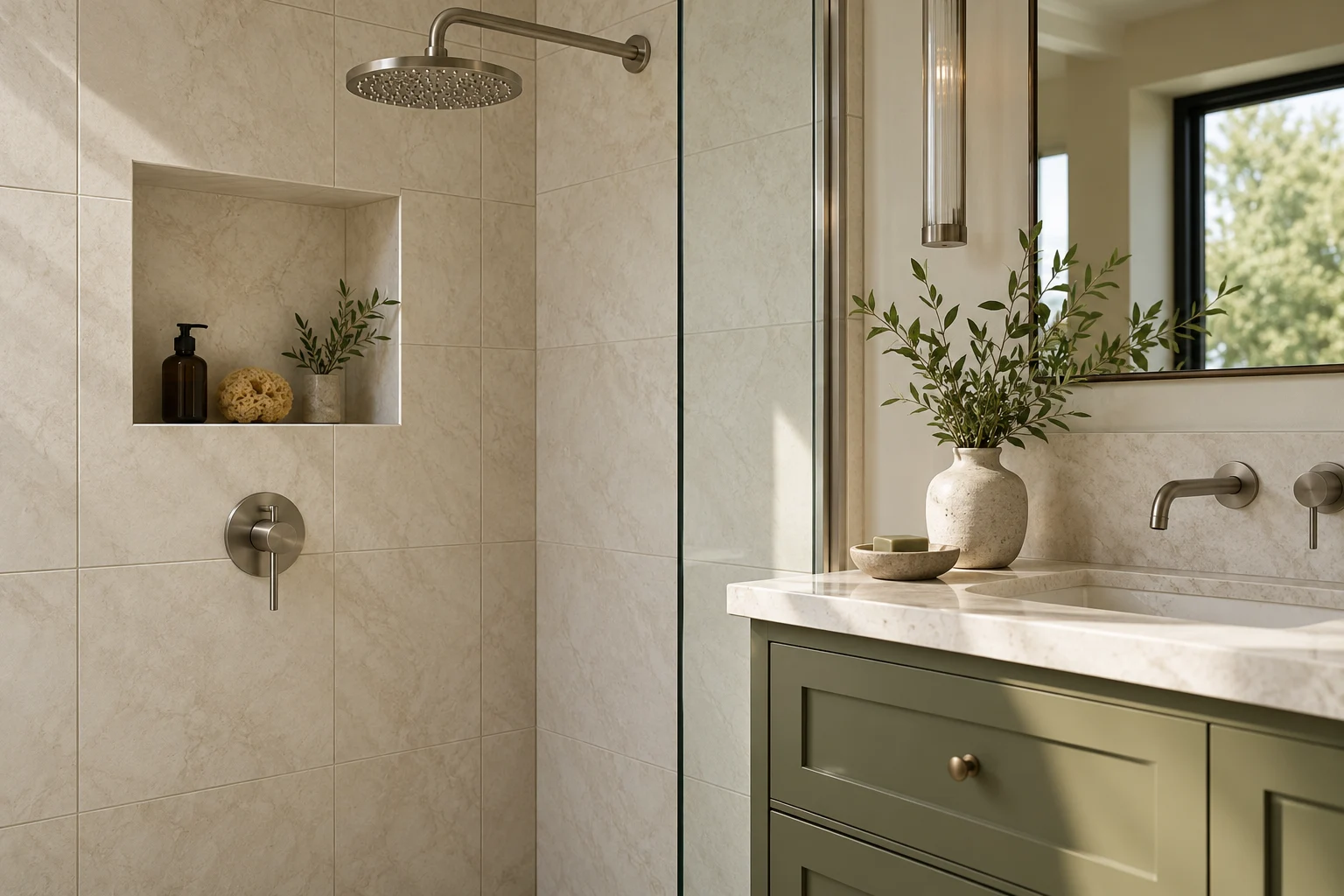 Illustrative finished tile and fitting details in ivory porcelain and muted olive joinery