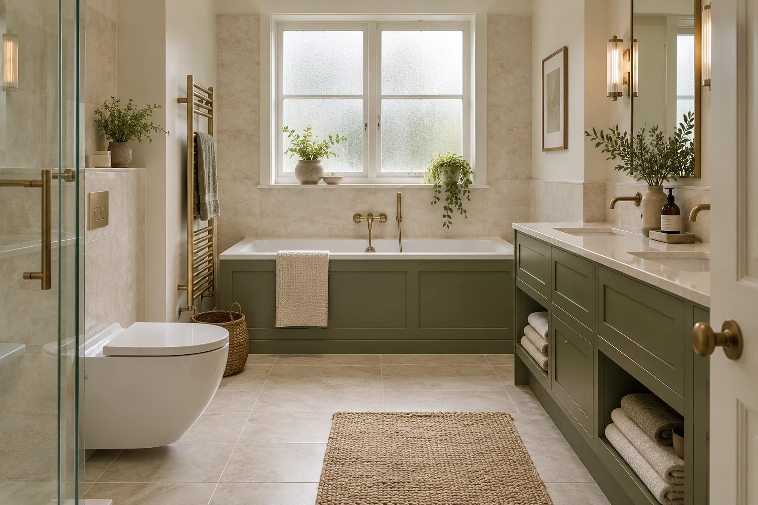 Illustrative bathroom interior with ivory porcelain and muted olive joinery